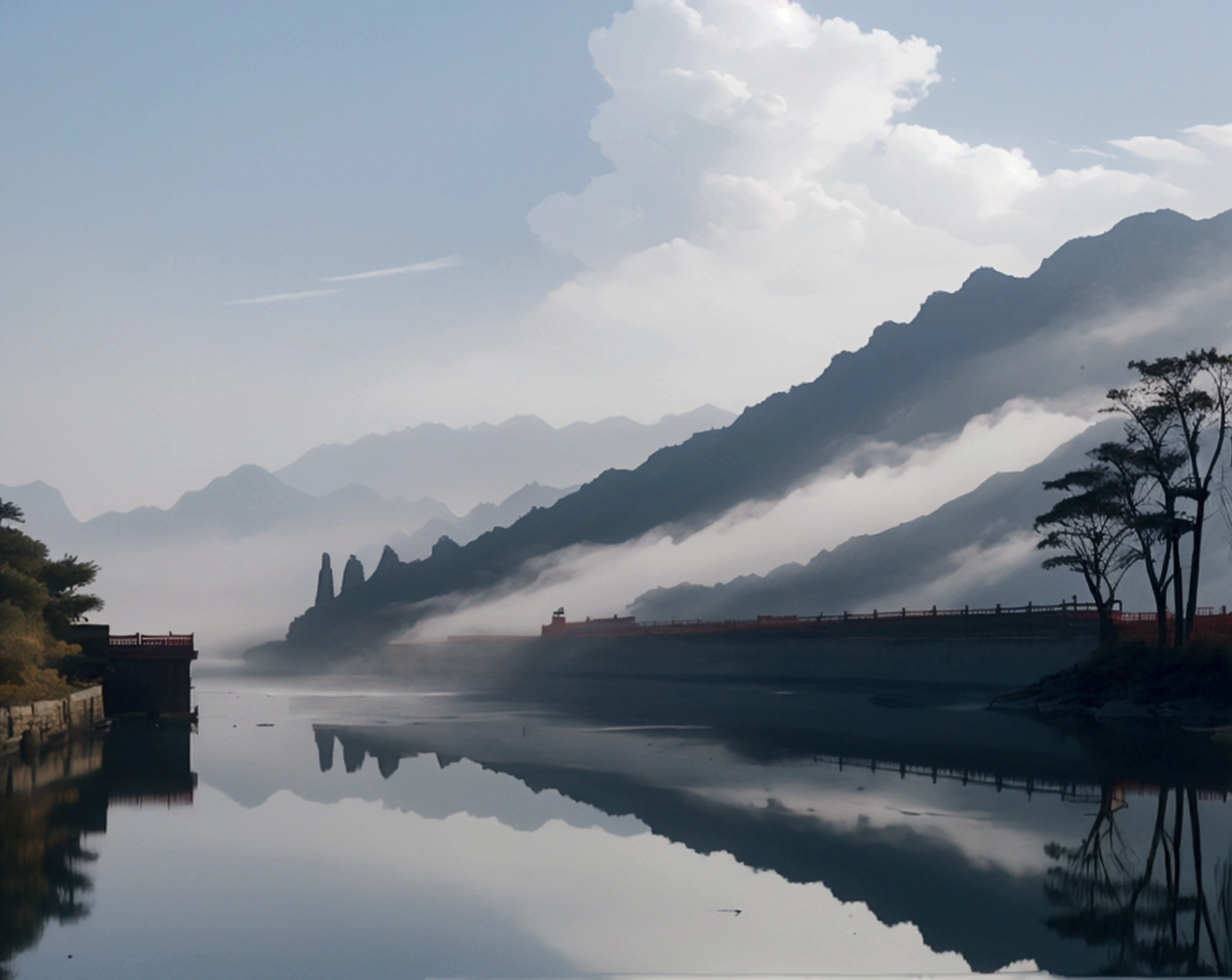 landscape,Chinese ink painting style,Calm river,A beautiful girl on the shore,Mountains are faintly visible in the distance,it's foggy,Hazy Beauty,The mountains are verdant