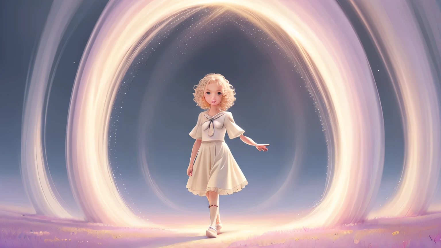 Zdenka Hoa, ten year old girl, white, with blonde hair, short hair, hair with beautiful curls, walking in a magical world, magic, fantasy, light, bright colors, children's book illustration style, anime art.