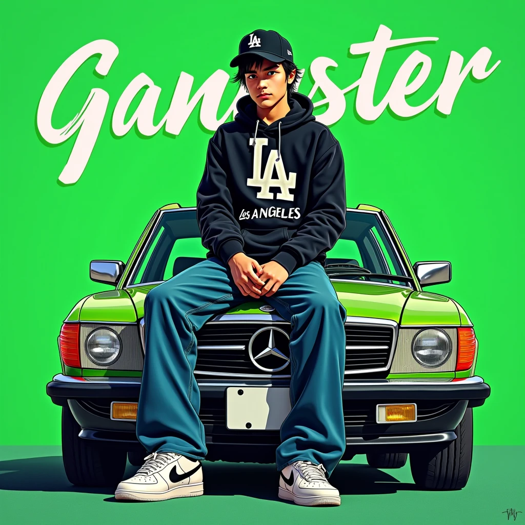 Image of a man sitting on the bonnet of a car, Yoshihiko Wada&#39;s album cover, winner of the behance contest, Doodle, official artwork, rap album cover, hip - hop album art cover, colored album art, hip hop music album cover, rap album cover art, official fanart, GTA Cover, hip hop album cover, album art cover, G-FUNK Hip Hop album cover, green background, green car, with the words 'gangster' on the back of the picture, LA hoodie, an Asian tenager wearing a black LA ball cap with a deep press and a wide pair of jeans down, a troublemaker boysits on the bonnet of a car andlets, white Nike shoes