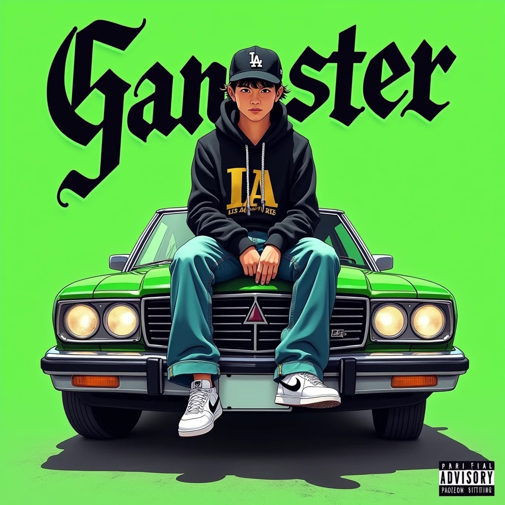 Image of a man sitting on the bonnet of a car, Yoshihiko Wada&#39;s album cover, winner of the behance contest, Doodle, official artwork, rap album cover, hip - hop album art cover, colored album art, hip hop music album cover, rap album cover art, official fanart, GTA Cover, hip hop album cover, album art cover, G-FUNK Hip Hop album cover, green background, green car, with the words 'gangster' on the back of the picture, LA hoodie, an Asian tenager wearing a black LA ball cap with a deep press and a wide pair of jeans down, a troublemaker boysits on the bonnet of a car andlets, white Nike shoes