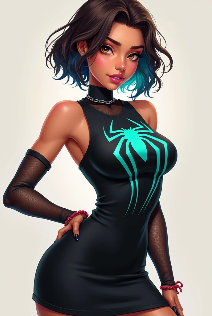 ((art animation 2D)) 20 year old woman with short wavy brown hair with dark blue dyed tips, Brown eyes, with good body, wearing black clothes, wearing a sleeveless black dress with a turquoise Spiderman logo on the chest with mesh sleeves