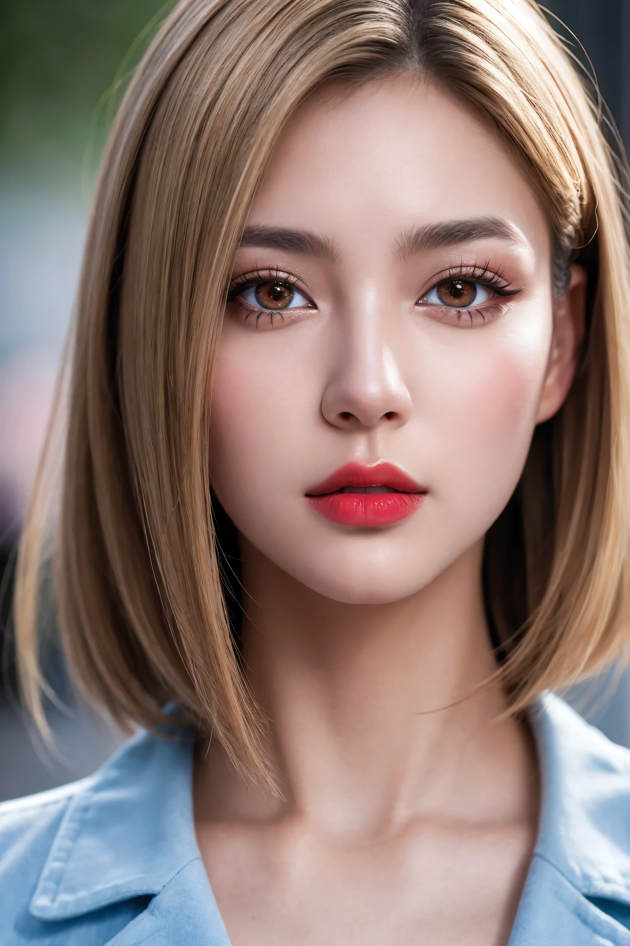 Realism, Realistic, ultra realistic details: velvety skin, blonde short slicked to the side hair, symmetrical lips, light glossy red_lipstick, long blue_eyelashes, pupils, BREAK, Caucasian model of, masterpiece, top quality, raw photo, photorealistic, incredibly ridiculous, beautiful girl, cute, depth of field, high resolution, ultra detail, fine detail, high detailed, sharp pupils, realistic pupils, sharp focus, cinematic lighting , cohesive hairstyle, Blonde, Clean clothing, Face closeup, (clear sharp focus, not blurry, Realistic brown_eyes:1.35), Masterpiece, Realistic skin texture, Ultra detailed, Lustrous hair and skin
