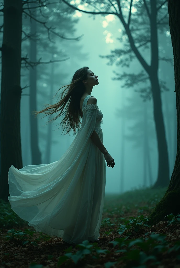 There is a woman standing in the forest with her eyes closed, a frame of an ethereal, Standing in a forest, dancing in front of the mist, aenami alena, aenami alena style, mysterious wastelands behind her, Standing on a forest, stunning moody cinematography, atmospheric portrait, girl walking in the forest, Standing in a forest