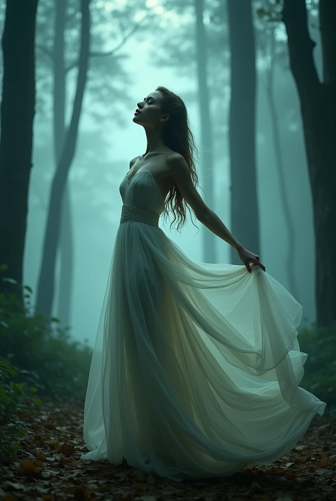 There is a woman standing in the forest with her eyes closed, a frame of an ethereal, Standing in a forest, dancing in front of the mist, aenami alena, aenami alena style, mysterious wastelands behind her, Standing on a forest, stunning moody cinematography, atmospheric portrait, girl walking in the forest, Standing in a forest