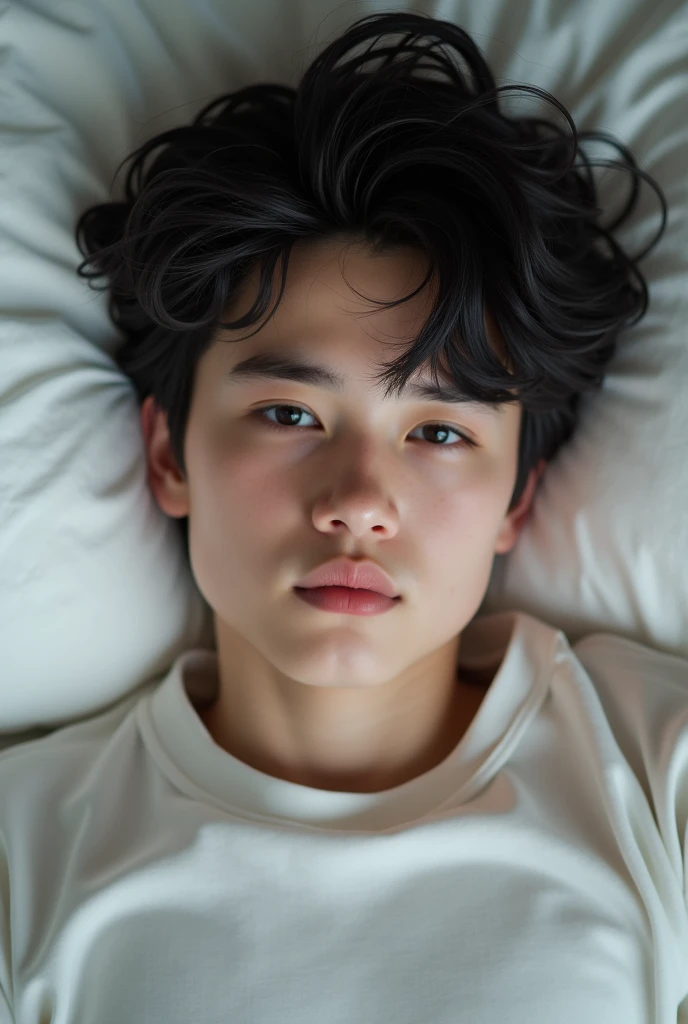 American boy white skin black hair black eyes lying in bed white shirt baby face boyfriend material, human, small face