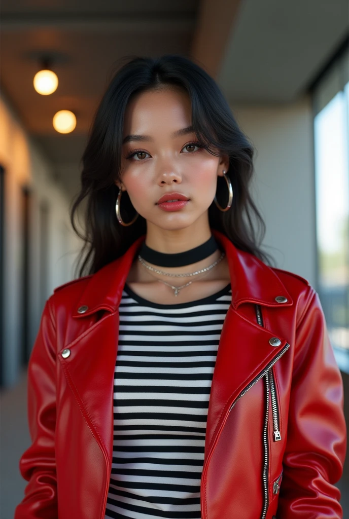 a girl wearing a striped shirt inside, a red leather jacket outside, a tight black necklace, very cool makeup, 3d style