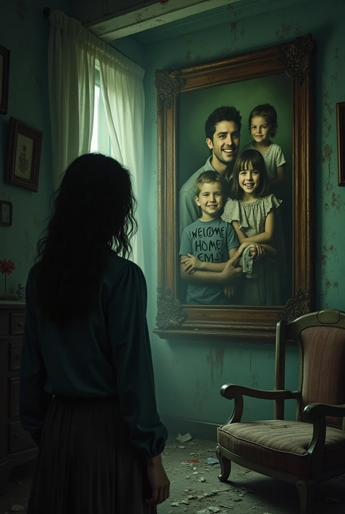 with emily standing across the room she saw a photograph of a pretending happy family with a scary aura, scary background, ruined furniture peeling of the wallpapers
Emily notices the writing: "Welcome home, Emily." The room begins to darken, the light flickers, and the temperature drops. SCARY, HORROR, INTENSE, SCARY SMILE