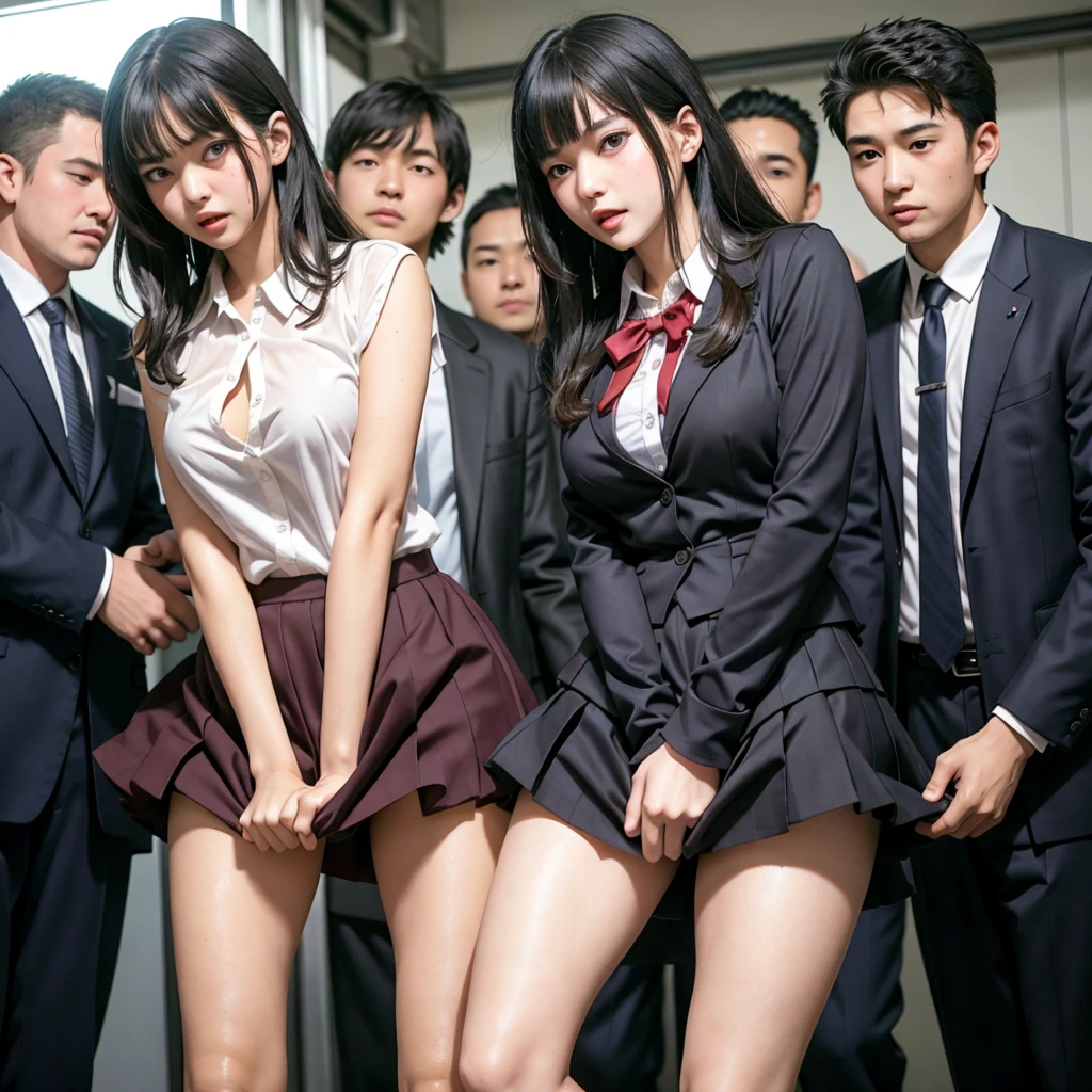 Beautiful innocent high school girl surrounded by excited high school boys, A beautiful girl with a baby face like an idol, Get into underwear, A high school boy strips off his uniform and reveals his underwear, A high school boy grabs my breasts from behind, Anatomically correct, On the road, Being molested by a group of high school boys, Asking for audience help, Beautiful wavy black medium bob hair, She screams with her mouth open in shame at being seen in her underwear in public, blush, Body flushed red, Wet with sweat, Increased sensitivity, Tears overflow from your beautiful eyes, Ultra high definition, Slender body, Can be smelled from close range, Japanese, Cowboy Shot, Inner thighs, Face close up
