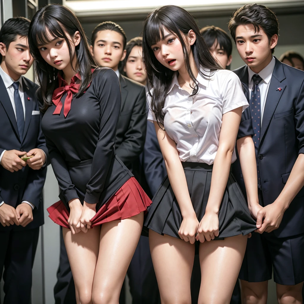 Beautiful innocent high school girl surrounded by excited high school boys, A beautiful girl with a baby face like an idol, Get into underwear, A high school boy strips off his uniform and reveals his underwear, A high school boy grabs my from behind, Anatomically correct, On the road, Being molested by a group of high school boys, Asking for audience help, Beautiful wavy black medium bob hair, She screams with her mouth open in shame at being seen in her underwear in public, blush, Body flushed red, Wet with sweat, Increased sensitivity, Tears overflow from your beautiful eyes, Ultra high definition, Slender body, Can be smelled from close range, Japanese, Cowboy Shot, Inner thighs, Face close up
