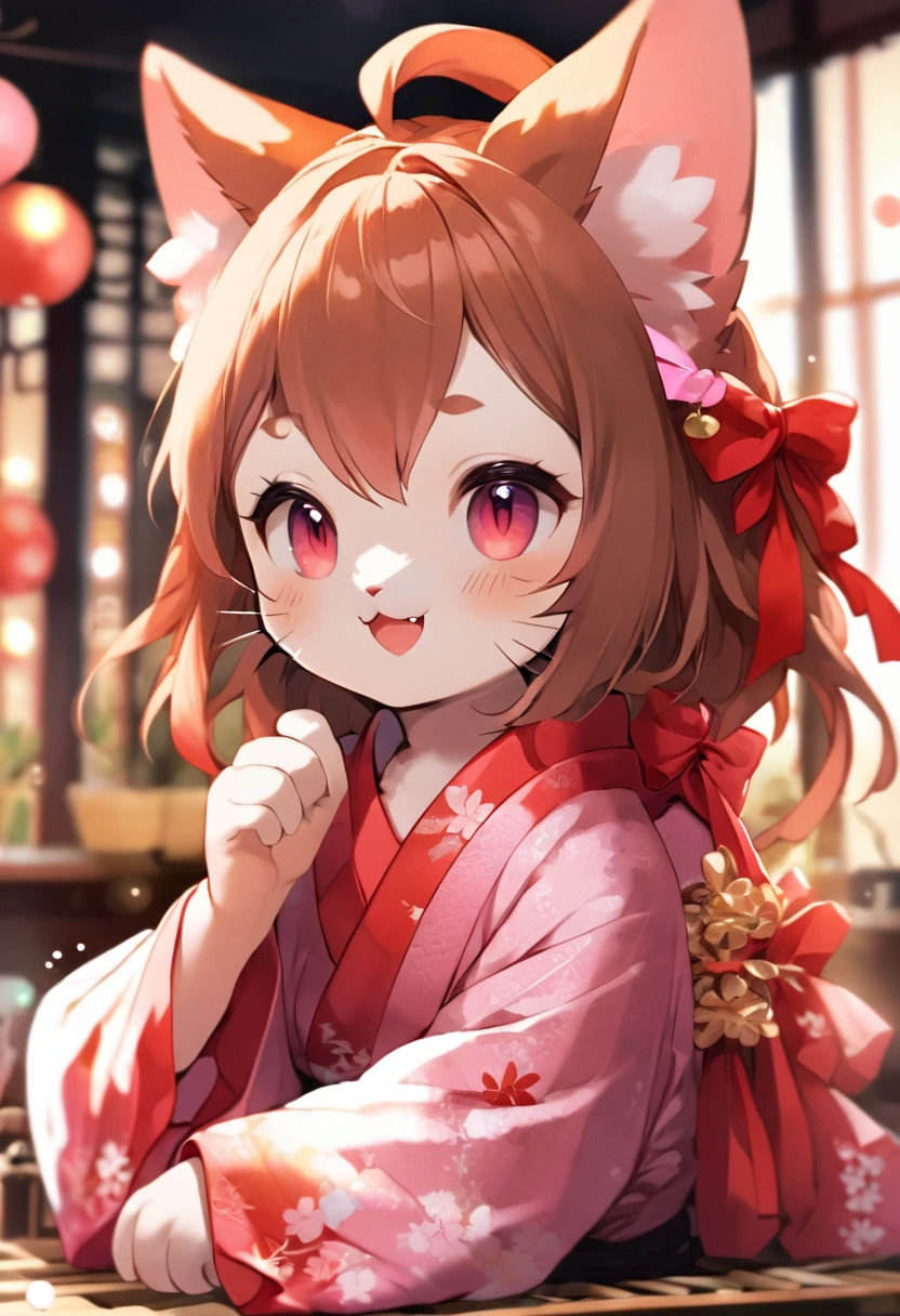1 Girl,:3,Ahoge,animal_ear,Bell,red面,brown_hair,Cat_ear,Cat_,Little,Closed_mouth,Commentary,hair_Bell,hair_ornament,hair_ribbon,Ichihime,Japanese_Clothes,jazz_Jack,Jingle_Bell,kimono,Low resolution,mahjong,mahjong_soul,mahjong_table,mahjong_tile,Moderate_前hair,pink_kimono,red_ribbon,ribbon,short_hair,Sleep,smile,alone,table,upper_body, Highest quality, masterpiece, No. 3