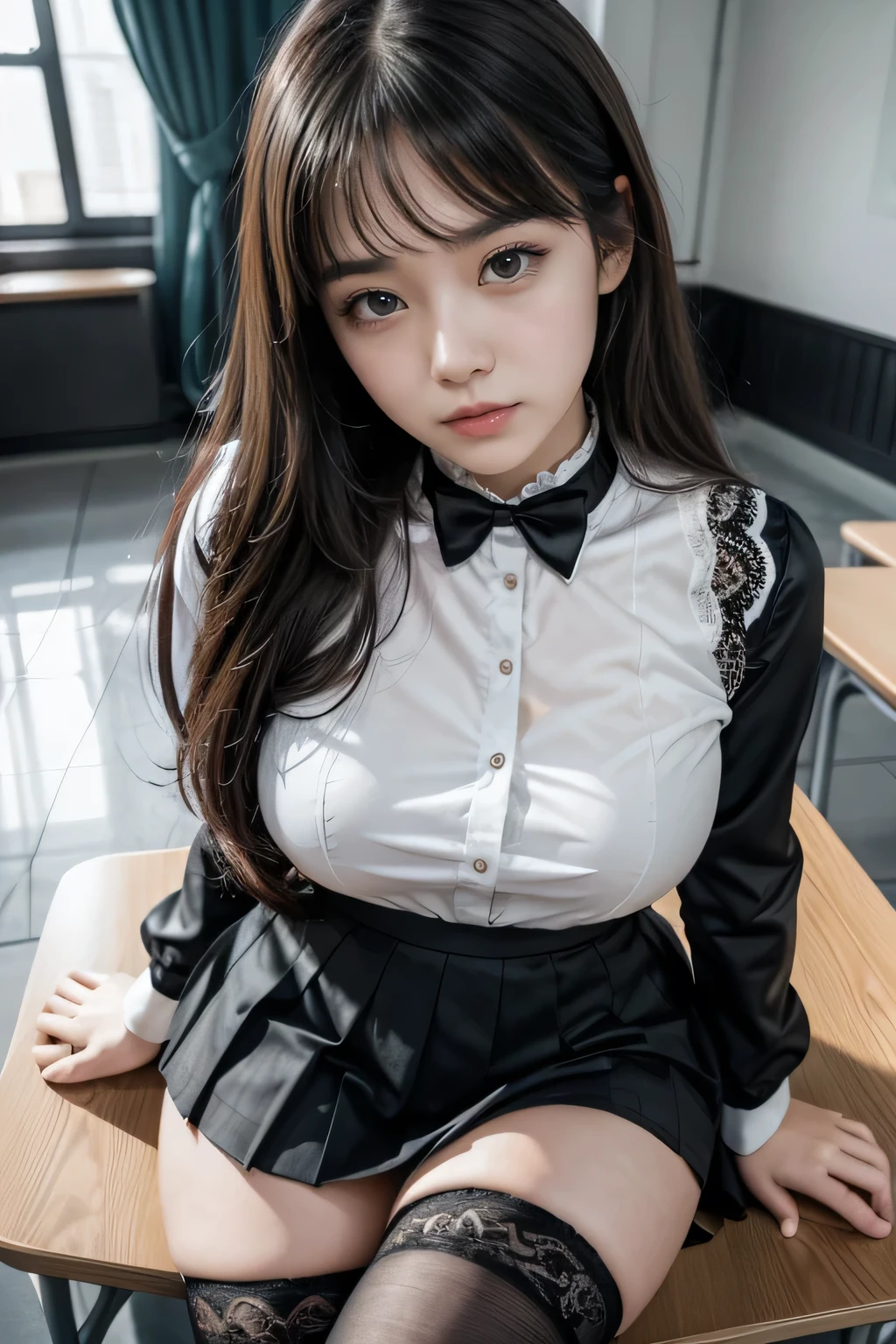 , School girl, white and black uniform, white and black skirt, black lace choker, white lace thigh highs, looking at viewer, class room background, sitting on desk, seductive, dark eyeliner, sexy eyeliner, 