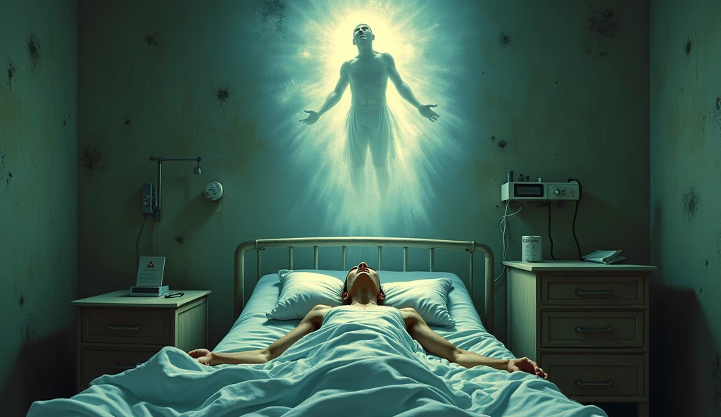 soul leaving a bedridden patient due to the dehumanization of the health team. rustic