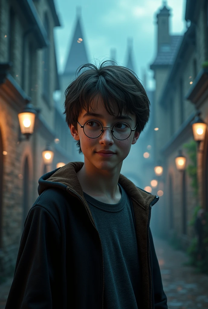 harry potter, a white boy with round glasses, has a lightning-shaped scar on his forehead