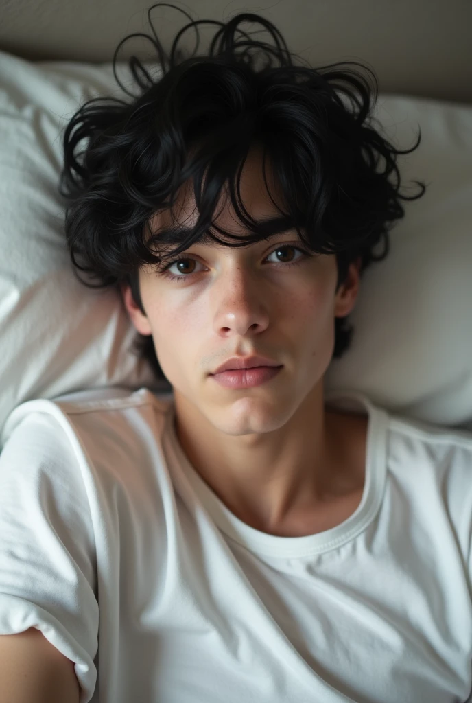 American boy white skin black hair black eyes lying in bed white shirt baby face boyfriend material, human, small face