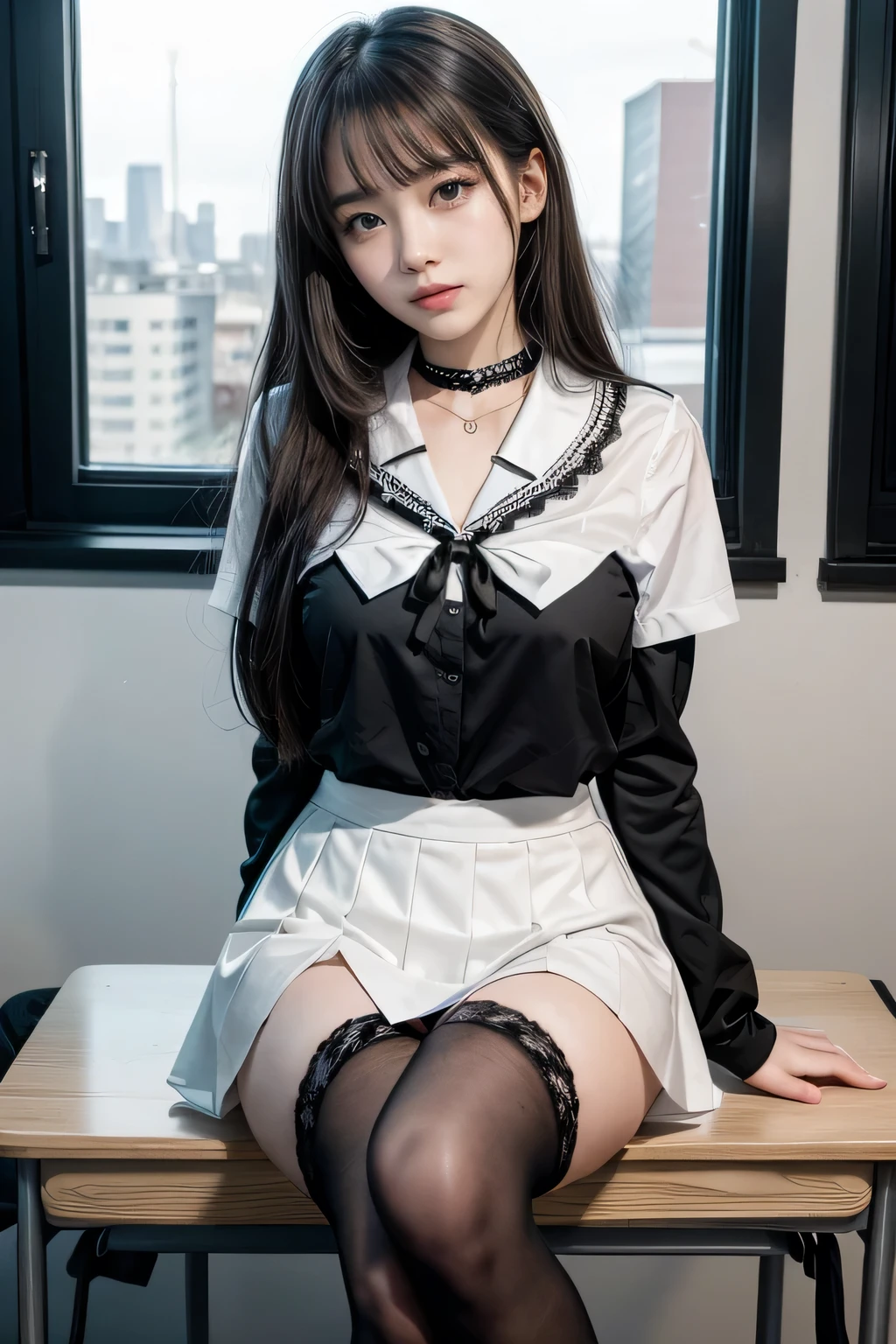 , School girl, white and black uniform, white and black skirt, black lace choker, white lace thigh highs, looking at viewer, class room background, sitting on desk, seductive, dark eyeliner, sexy eyeliner,