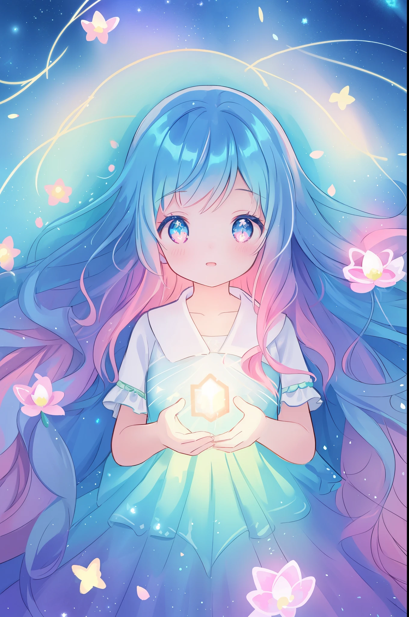beautiful anime girl in flowing layered ballgown, vibrant pastel colors, (colorful), magical lights, magical flowers, flowers, glowing lights, red pink long wavy hair, sparkling lines of light, inspired by Glen Keane, inspired by Lois van Baarle, disney art style, by Lois van Baarle, glowing aura around her, by Glen Keane, jen bartel, glowing lights! digital painting, flowing glowing hair, glowing flowing hair, beautiful digital illustration, fantasia background, whimsical, magical, fantasy, beautiful face, ((masterpiece, best quality)), intricate details, highly detailed, sharp focus, 8k resolution, sparkling detailed eyes, liquid watercolor