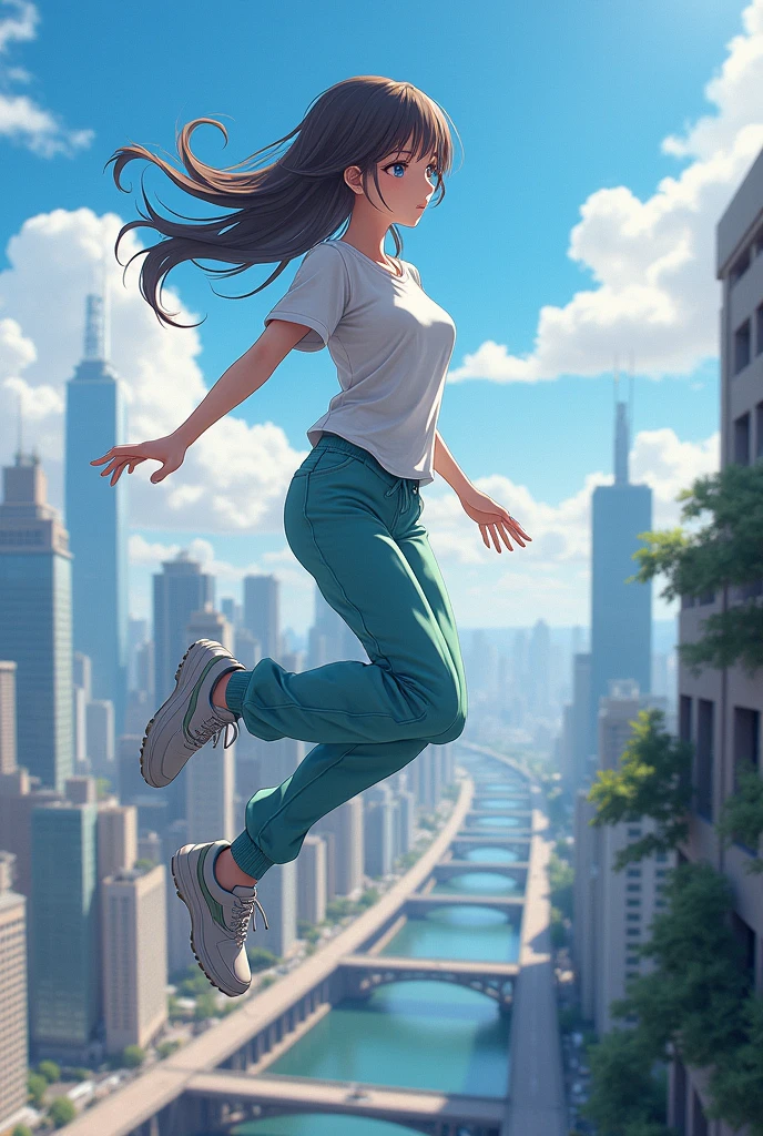 Attractive weightless anime girl wearing sweatpants and a t-shirt while flying over a city