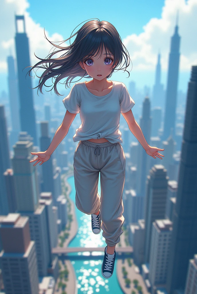 Attractive weightless anime girl wearing sweatpants and a t-shirt while flying over a city