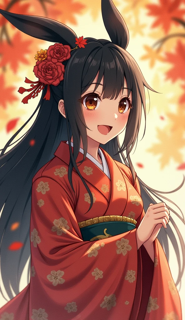Highest quality, (masterpiece:1.35), wallpaper, (shape), original, (Written boundary depth), (one person's:1.35), (alone), whole body, dynamic, Detailed face,Mature Woman, Adult, (old:1.3), Mid-chest, Amused, Happy,Shrine maiden costume, Small floral ornament,Ridiculously long hair, Black Hair,Dog ear volume lighting, Fallen leaves, Tyndall effect,Makoto Shinkai style