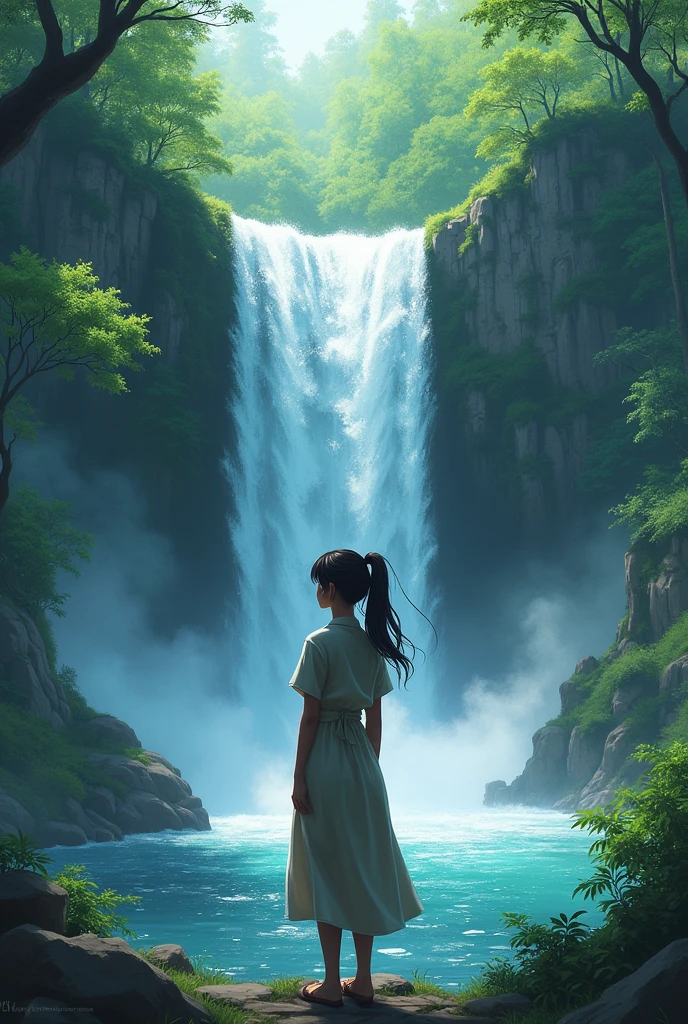 girl with ponytail in a forest looking at a waterfall, Cleft, extremely detailed artistic germ, Ross Tran. scenic background, loish and wlop, cushart krenz art key women, feature, Detailed artgerm, Cleft from league of legends, wlop ross draws, detailed digital anime art, lindosexyrobutts