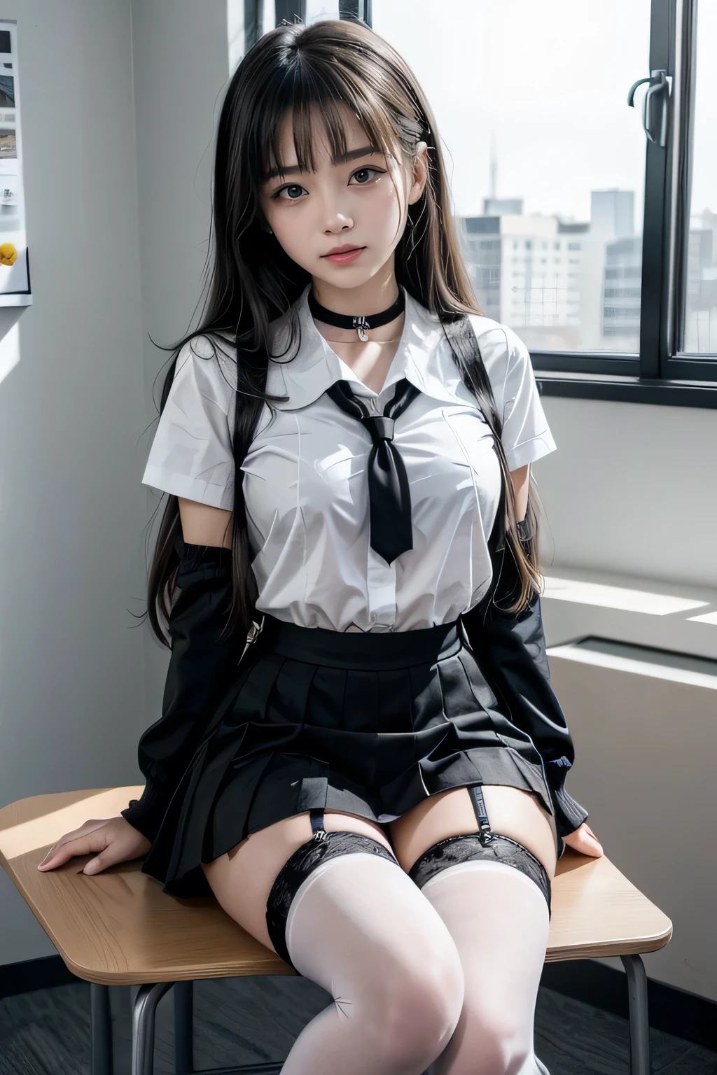 , School girl, white and black uniform, white and black skirt, black lace choker, white lace thigh highs, looking at viewer, class room background, sitting on desk, seductive, dark eyeliner, sexy eyeliner,