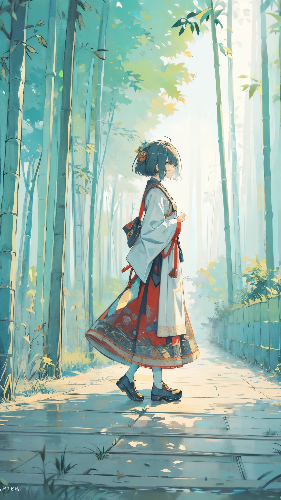 (high quality), (masterpiece), (detailed), 8K, (Teenage girl1.3) in traditional folklore clothes stands gracefully in (serene bamboo grove1.3). Tall, slender bamboo stalks sway gently, (soft rustling1.2) enhancing tranquil atmosphere as she enjoys (peaceful reflection1.2). fantasy world, dark background, clean design, epic, artstation, colorful paint splatter, silhouette, hyper detailed intricate details, unreal engine, fantasy, splash screen, complementary colors, deviantart masterpiece, oil painting, heavy strokes, paint dripping, indifferent expression