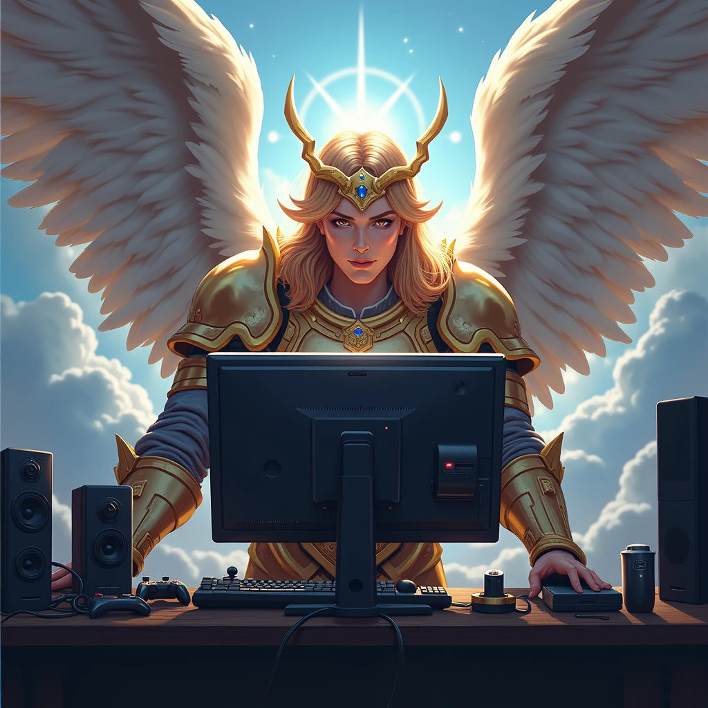 a banner for youtube of a warrior angel playing on the computer with the name Virtuous Gamers