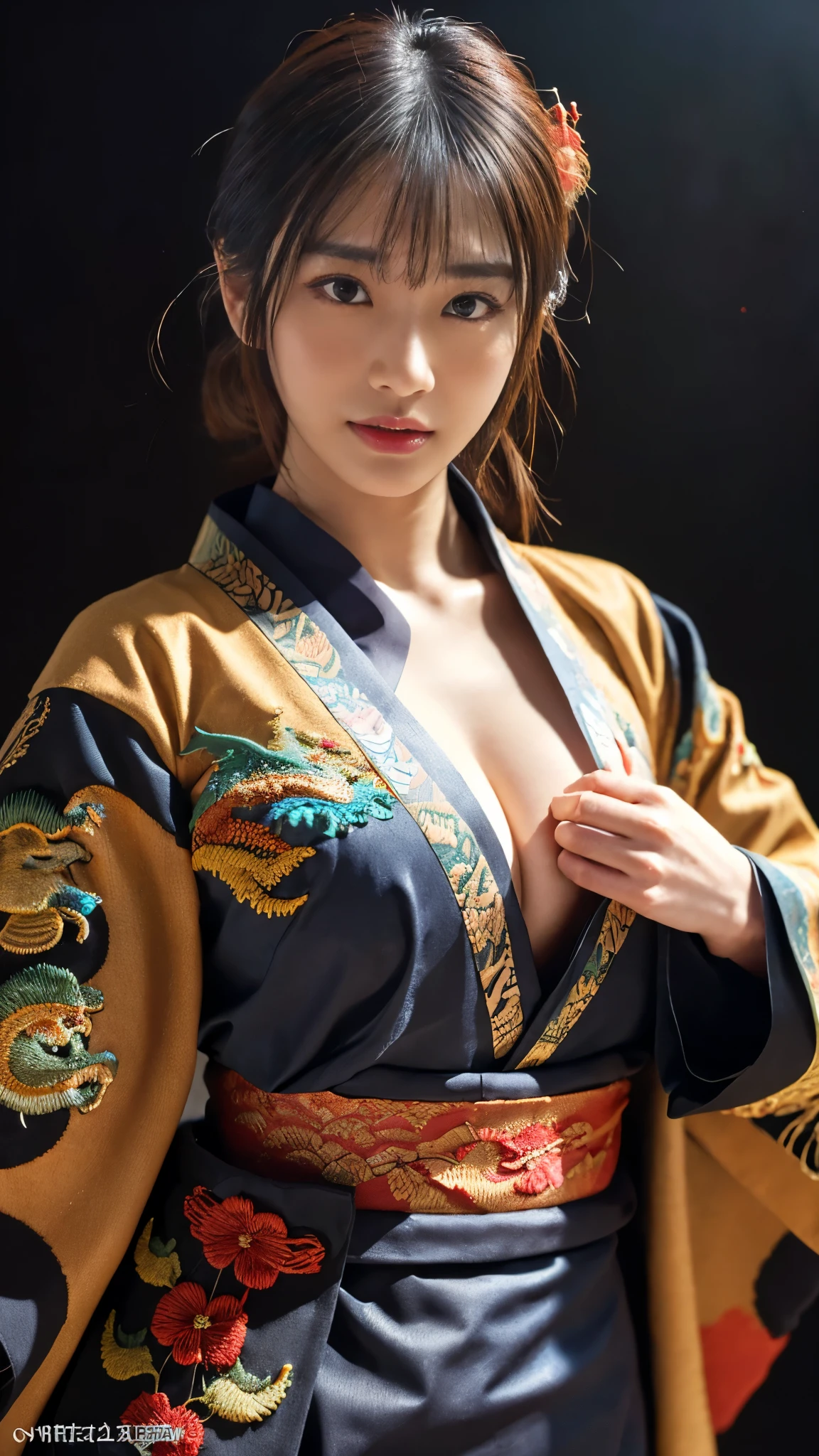 (masterpiece:1.2), Very detailedな, Ultra-high resolution, (Realistic, photo Realistic:1.37), High resolution raw color photos, Professional photos, Very delicate and beautiful, Very detailed, finely, Large file size, Very detailed beautiful girl, Very detailed face, Very detailed eyes, Very detailed skin, Very detailed nose, Very detailed mouth, Perfect Anatomy, Very detailed background, (Famous Japanese actresses:1.2), (Improve:1.1), (Flat Chest:1.2), Dynamic Lighting, Steampunk, whole body, (Dragon Embroidery Kimono:1.3), Black background, Exposing shoulders, (Dynamic pose:1.1), Underarm, (Dynamic pose:1.3)