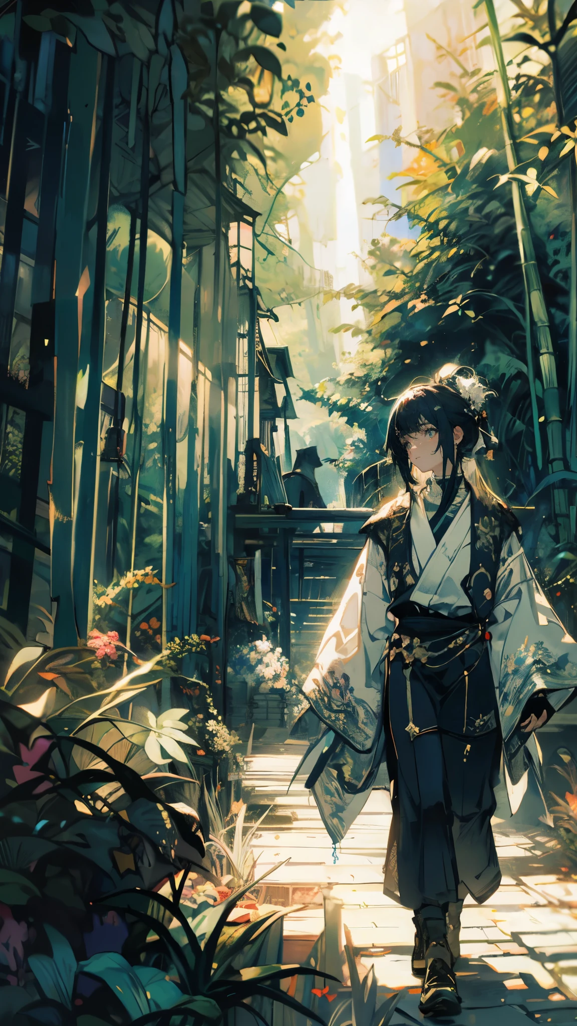 (high quality), (masterpiece), (detailed), 8K, (Teenage boy1.3) in traditional folklore attire walks quietly through (serene bamboo grove1.3). (Dappled sunlight1.2) filters through dense canopy, casting (calming glow1.2) on surroundings as he immerses in (timeless beauty1.2) of nature. fantasy world, dark background, clean design, epic, artstation, colorful paint splatter, silhouette, hyper detailed intricate details, unreal engine, fantasy, splash screen, complementary colors, deviantart masterpiece, oil painting, heavy strokes, paint dripping, indifferent expression