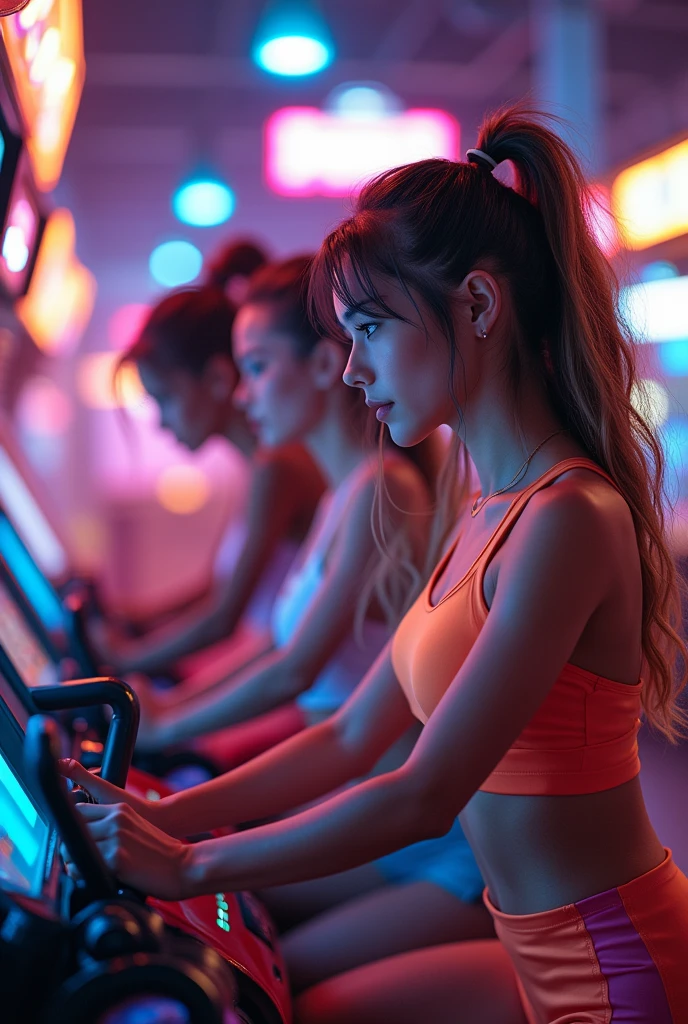 Throuple of 2 girls and 1 boy wearing gym outfit riding an arcade motorcycle game