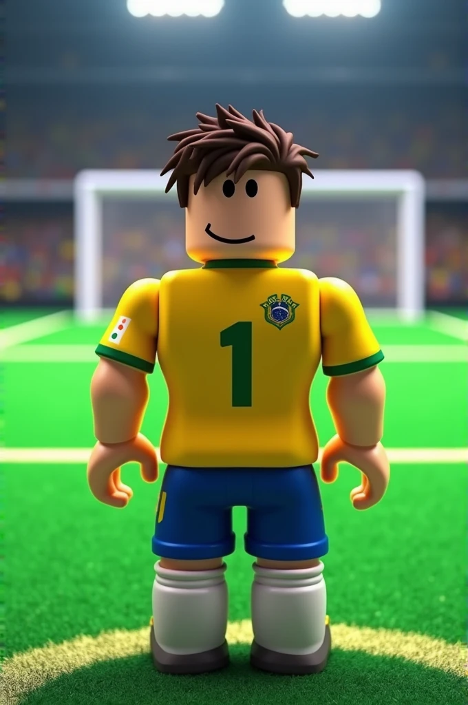 Roblox Brazil team soccer player character with his back to a soccer field, pixel