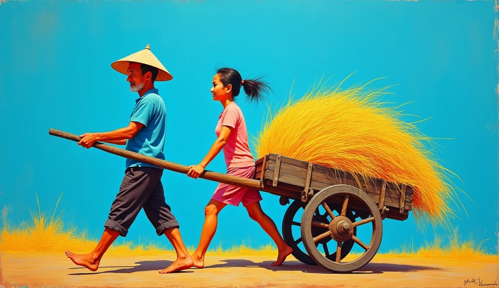 cartoon, a vietnamese man pulling a cart full of rice, a vietnamese woman pushing behind the cart, they go barefoot, on a blue background, in the style of rainbowcore, canvas texture emphasis, paintings, realist detail, flat form