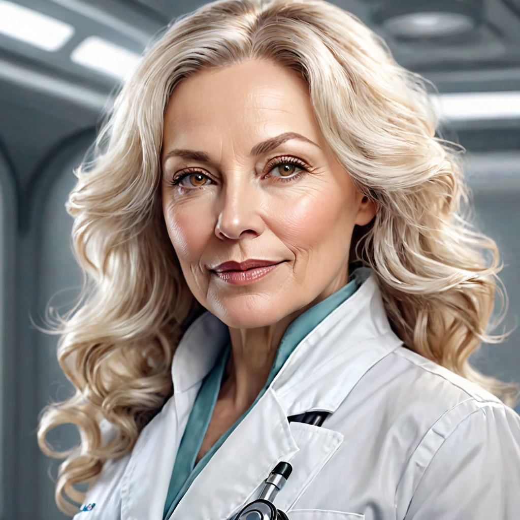 Semi-realistic illustration portrait of a 50-year-old woman, beautiful, white, wavy blonde hair, with light brown eyes. rectangular face, fine and soft facial features, somewhat thick lips. slight smile, charming look. Vestida de bata white. Doctor at a futuristic sci-fi biotech company.