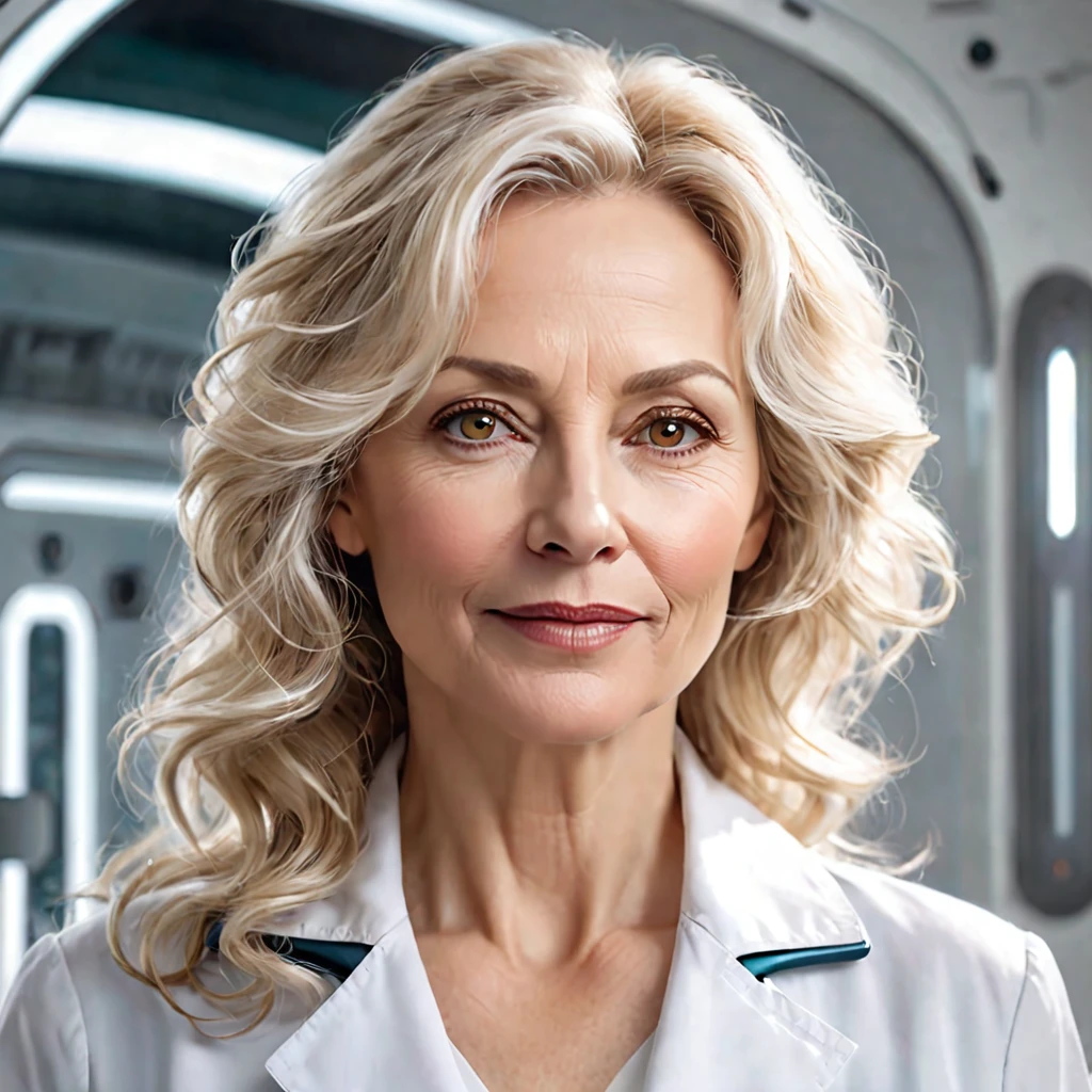 Semi-realistic illustration portrait of a 50-year-old woman, beautiful, white, wavy blonde hair, with light brown eyes. rectangular face, fine and soft facial features, somewhat thick lips. slight smile, charming look. Vestida de bata white. Doctor at a futuristic sci-fi biotech company.