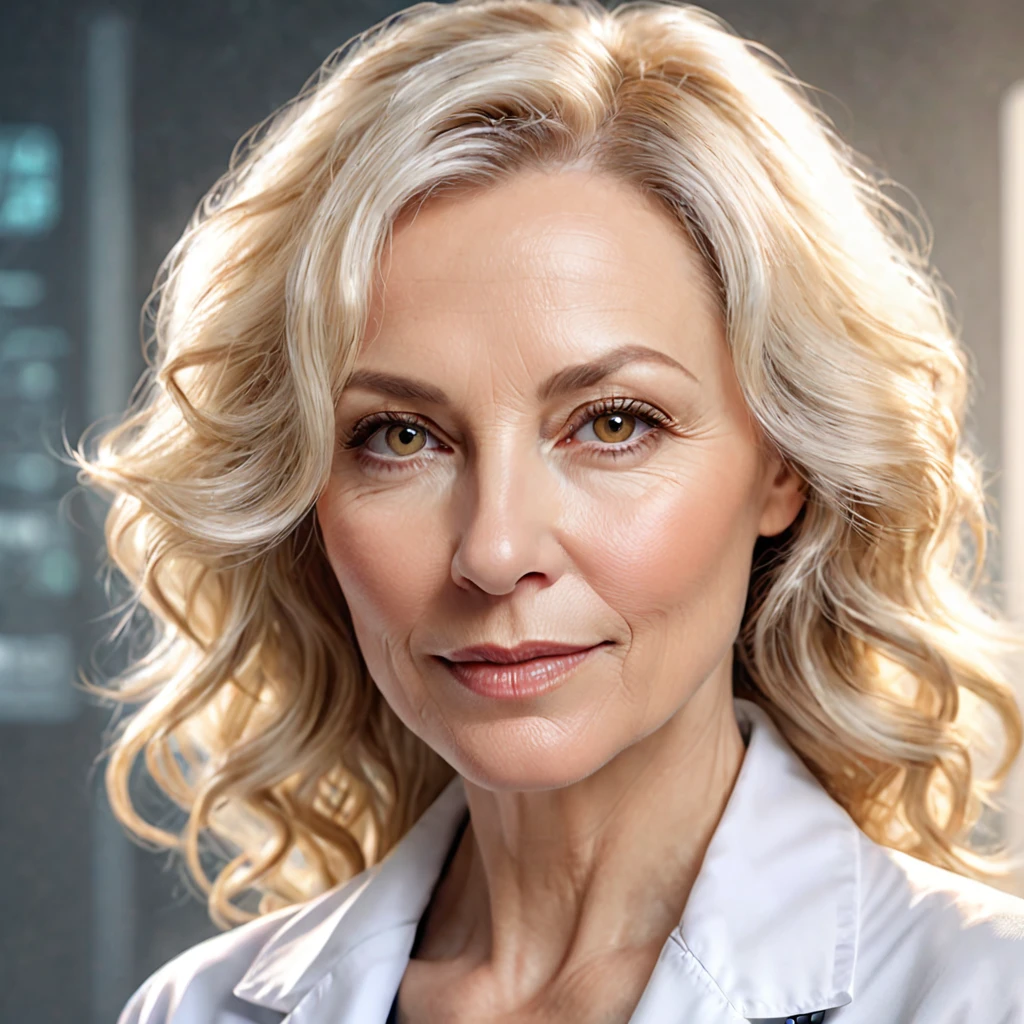 Semi-realistic illustration portrait of a 50-year-old woman, beautiful, white, wavy blonde hair, with light brown eyes. rectangular face, fine and soft facial features, somewhat thick lips. slight smile, charming look. Vestida de bata white. Doctor at a futuristic sci-fi biotech company. 