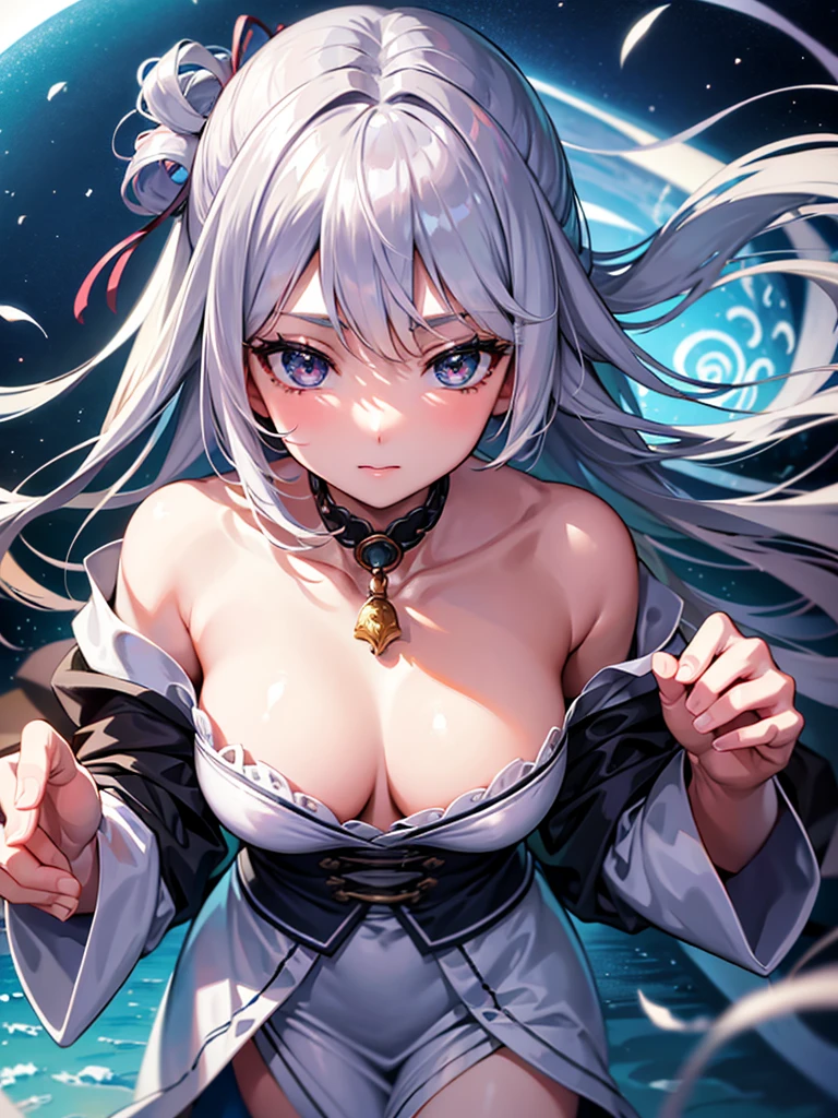 High resolution、A silver-haired girl drawn in the style of Japanese anime