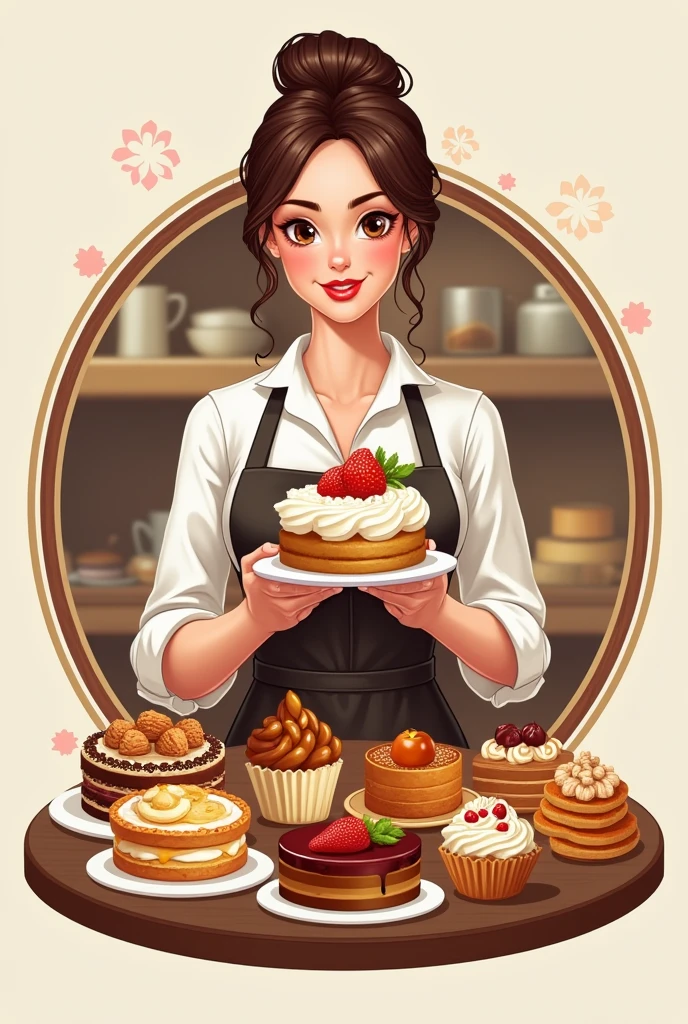 logo with the name of mary pastry shop, The logo should be a lady with a mole above her lip holding a cake and a table in front of her where there are piononos, pies, caramel cookies, cakes that are realistic