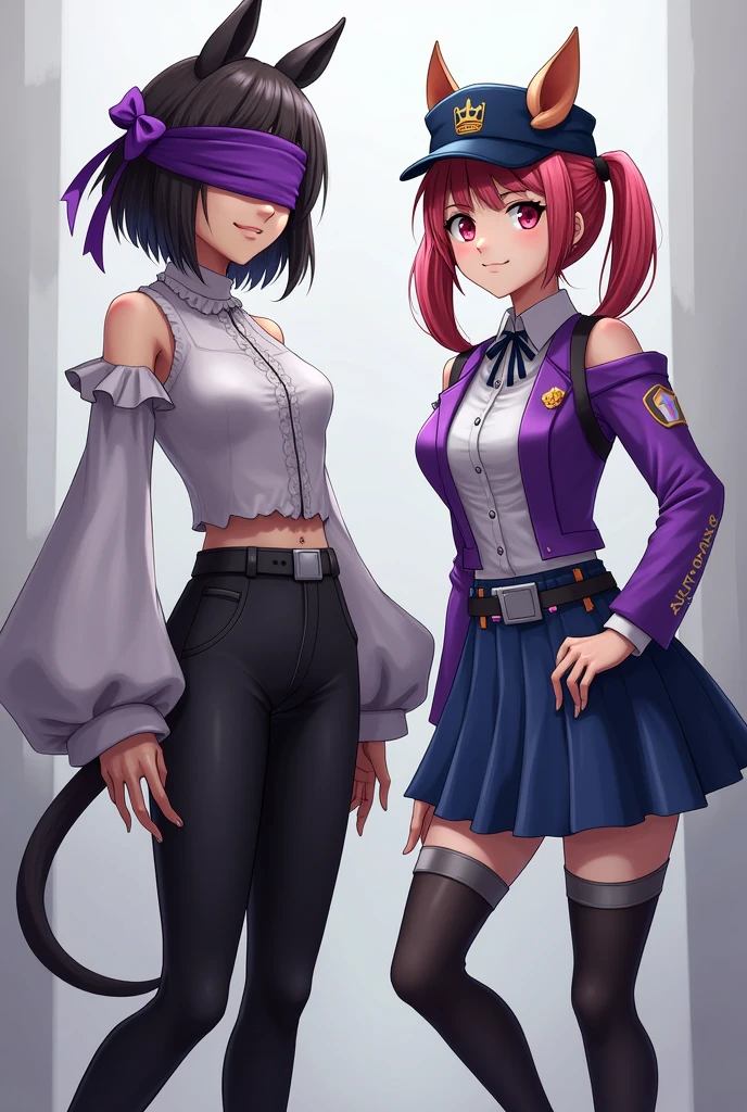 Two female characters in the style of Free Fire with a tail and a purple blindfold on their eyes, a top with long wedding sleeves and black pants, the other character has two pigtails and a police hat, a purple and white top and sleeves and a blue skirt.