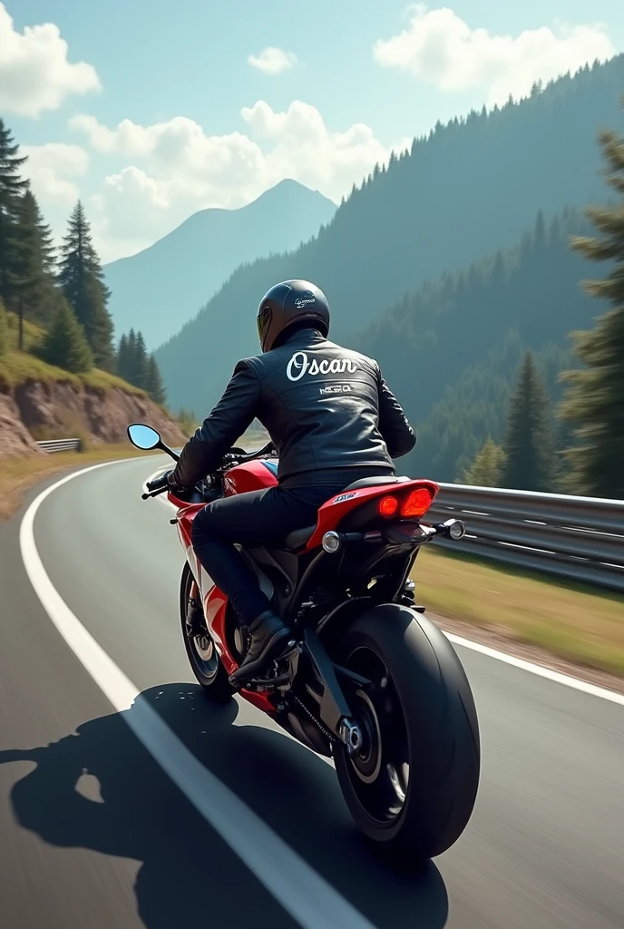 An image of a ns200 motorcycle on a track with a landscape next to it a pilot with a jacket with his name on the back Oscar in cursive letters