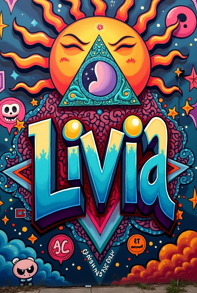 To create this image, I will imagine a vibrant graffiti full of details. The composition will be named "livia" in the spotlight, with stylized and colorful letters. Ao redor do nome, I will add elements like a sun and a moon, A broken heart will be positioned to suggest an emotional narrative, but with touches of hope. A complex and detailed mandala will involve these elements, creating a sense of harmony.
Furthermore, I will include subtle references to the Harry Potter universe, with the symbol of the deathly hallows .To add a cheerful and relaxed touch, I can also integrate references to ET, as an emoji in a style that matches the rest of the graffiti.