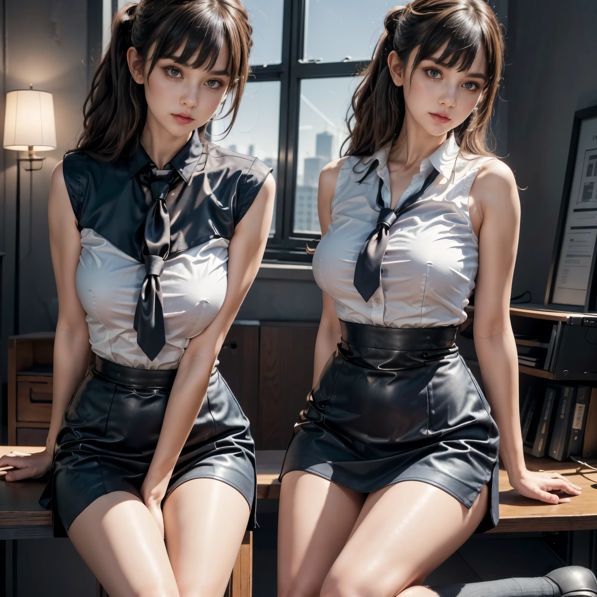 ((RAW photo), absurd, (absurdresolution)), masterpiece, best quality, (Extremely detailed 8k unity CG wallpaper), (best illustration), (best shadow), absurd, Realistic lighting, beautiful detailed glow, ((gorgeous young woman, girl with perfect body, statuesque figure, shapely thighs)), (light brunette, black hair, updo, visible bangs and ears, long sideburns), (grey eyes, defined pupil, perfect, real), (black stockings, tight straight navy blue short skirt, black crotch, white buttoned blouse, tie and navy blue buttoned shoes, tight), sitting on desk, legs closed, hands behind back, head tilted), (close up frontal shot: knees to head)