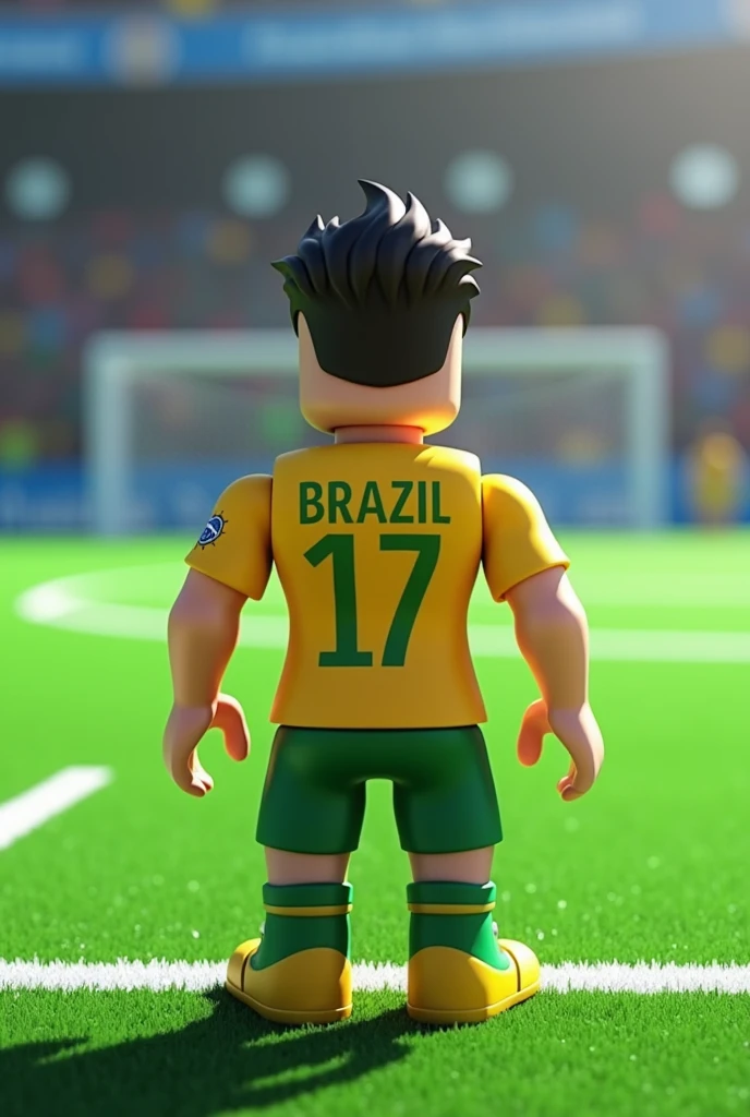 Roblox Brazil team soccer player character with his back to a soccer field
