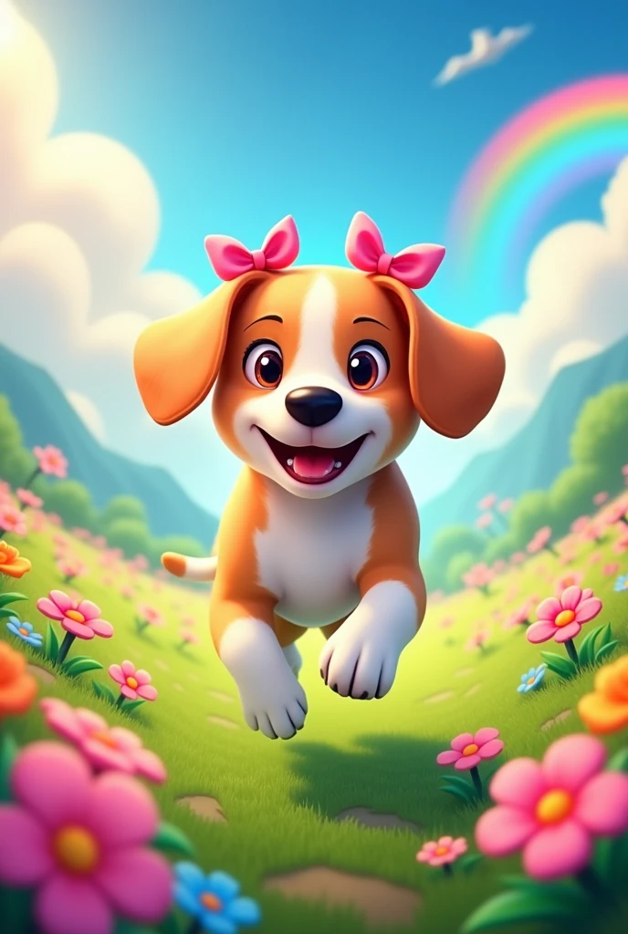 Beagle tricolor, female with two pink bows on her ears, He is running happily in a meadow with flowers, the sky with the sun very colorful and with rainbows