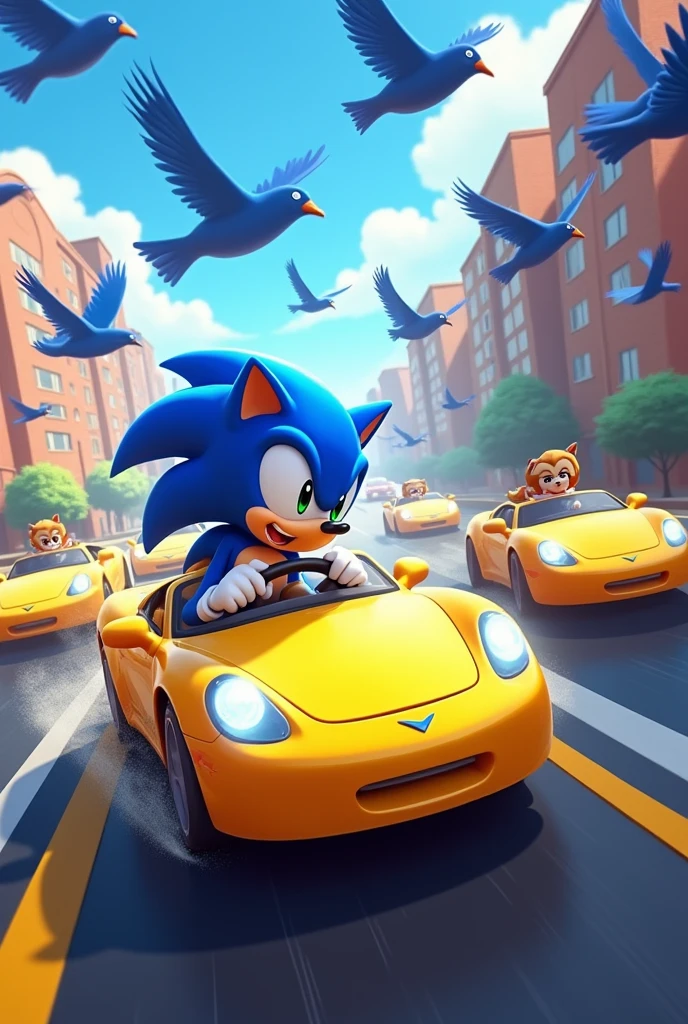 Several yellow cars with yellow sonic driving and making some blue birds fly
