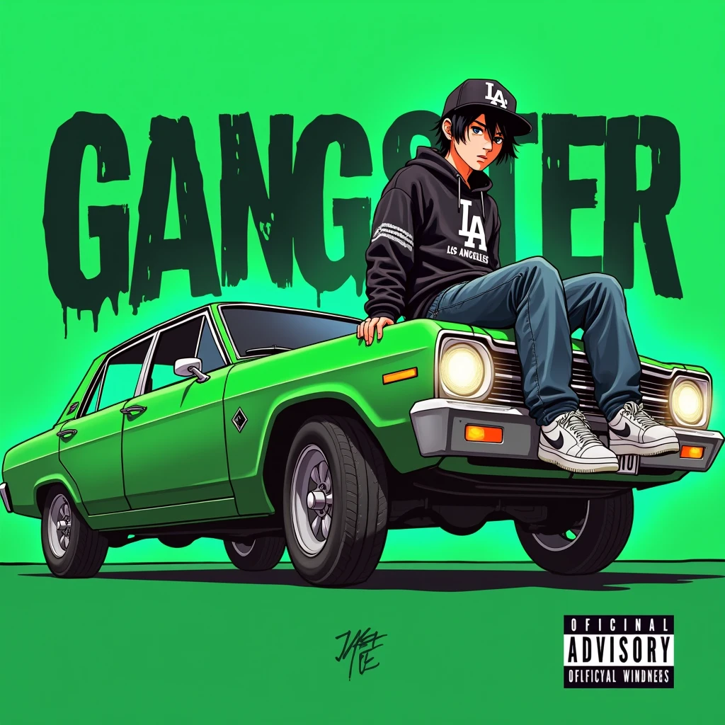 Image of a man sitting on the bonnet of a car, Yoshihiko Wada&#39;s album cover, winner of the behance contest, Doodle, official artwork, rap album cover, hip - hop album art cover, colored album art, hip hop music album cover, rap album cover art, official fanart, GTA Cover, hip hop album cover, album art cover, G-FUNK Hip Hop album cover, green background, green car, with the words 'gangster' on the back of the picture, LA hoodie, an Asian tenager wearing a black LA ball cap with a deep press and a wide pair of jeans down, a troublemaker boysits on the bonnet of a car andlets, white Nike shoes