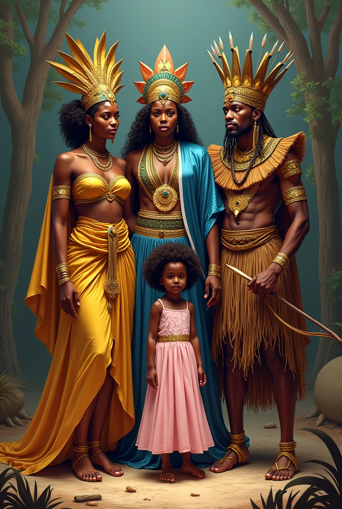 Oxum and Yemanjá in traditional costumes, with Oxum associated with gold and Yemanjá with blue or white, both with typical attributes.
obaluaê, represented as the king of straws, with its distinctive features, like a costume made of straw or a stick.
Oxossi with his hunter's outfit and bow and arrow.
A black girl of about , with afro hair, Wearing a pink dressing gown, positioned next to the orixás.