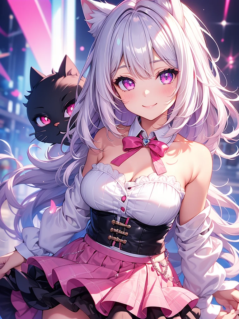 Highly detailed face,Medium chest,pretty girl, bewitching smile,Longing eyes,Cat ear, Beautiful silver hair,Pink inside,Beautiful pink eyes,Oversized shirt,skirt
