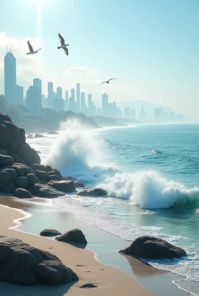 beach with rocks, waves and an urban area