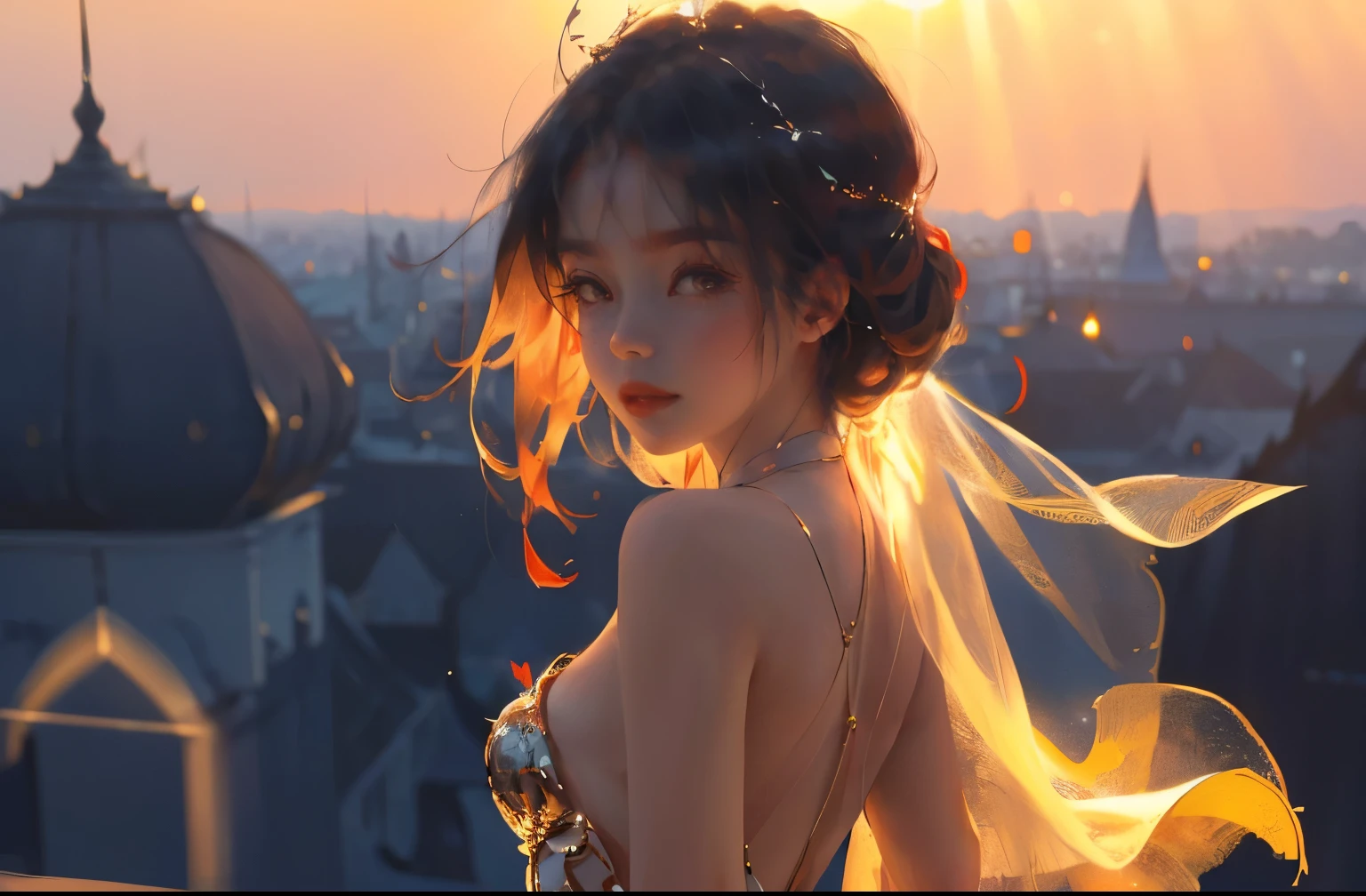 (practical, Photorealistic:1.37), (masterpiece, Highest quality:1.2), (Ultra-high resolution:1.2), (Original photo:1.2), (Clear focus:1.3), (Face Focus:1.2), (Highly detailed CG Unity 8k wallpaper:1.2), (Beautiful Skin: 1.2), (Pale skin:1.3), (Super sharp focus: 1.5), (Super sharp focus:1.5), (Beautiful and clean face:1.3), (非常にDetailed Background, Detailed Background:1.3), Bokeh, Depth of written boundary, rest, Image of a Very Cute and Beautiful Japanese Woman, , business suit, (2:1.1), smileの少女の肖像画, Full body image, from the front, Symmetrical Configuration, (Studio Lighting:1.3), (Cinema Lighting:1.3), (Rear window lighting is backlit:1.3), (surface light:1.3), Light Enveloping Her Entire Body, Looking straight at you, Persistence, Sexy model posing, rest, (Chestnut Half-Hair:1.2), Light green eyes, Beautiful Eyes, Princess Eyes, Mahogany Hair, A single hair, bangs, slim, Abdominal muscles, (Huge breasts;1.35), (Willow West:1.15), (Details of a beautiful girl:1.4), (Elegant and gorgeous deep red lace silk red wedding dress:1.3), (BaliOcean view背景:1.2), (smile, happiness:1.3), ((Perfect female body)), (Upper body image:1.3), Encircling the head, Perfect Dramatic, Volumetric lighting, Professional majestic oil painting, Glowing Skin, CT Anatomy, Perfect Proportions, 8.Five Really Small, Face Focus, Ultra practical Photo, Extremely clear images, Ultra-high definition images, Bali, Ocean view, nature, External, ((walking beach:1.2,evening,Sunset,夜空にたくさんのstarが美しく輝いている, 長時間露光されたstar空に、Many circular orbits are visible in the image.,無数のstarが輝き、Shining with a fantastic light. star々is bright and vivid)),