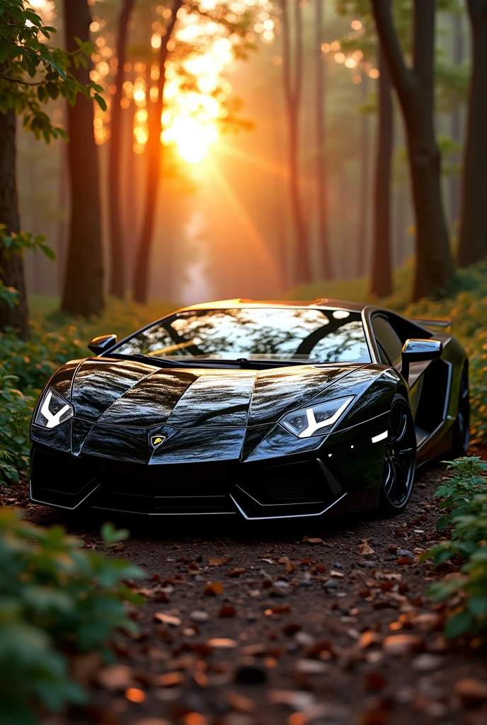 Create a image Lamborghini Aventador in black colour in forest sunset time